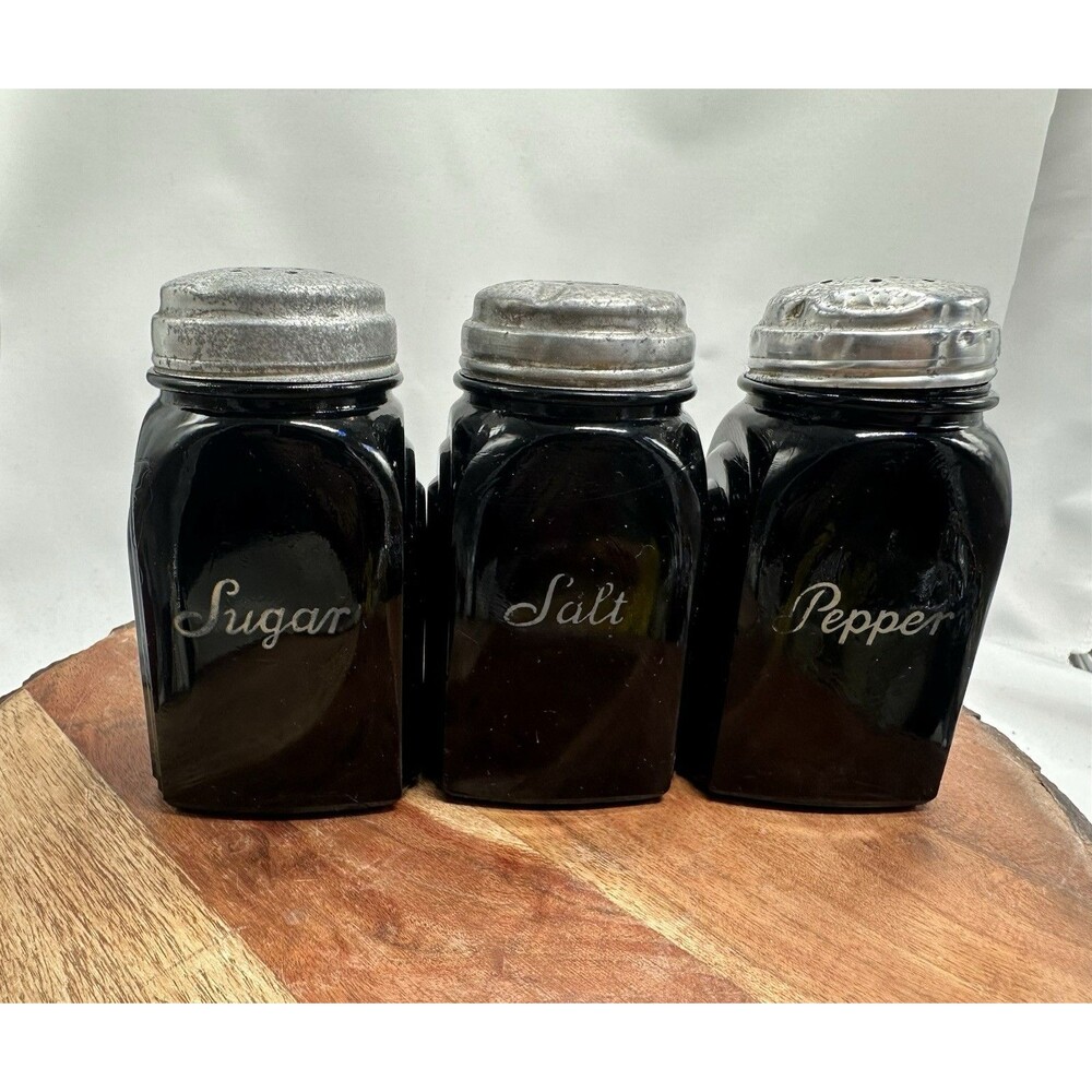 McKee Art Deco Black Glass Shaker Set Salt Pepper Sugar Set Estate Vintage